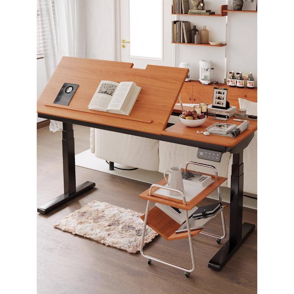 电动升降桌实木办公电脑桌小户型可倾斜书桌儿童学习桌家用书法桌