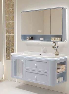 浅蓝色浴室柜组合法式橡木烤漆陶瓷一体台盆卫浴柜洗漱台洗手池