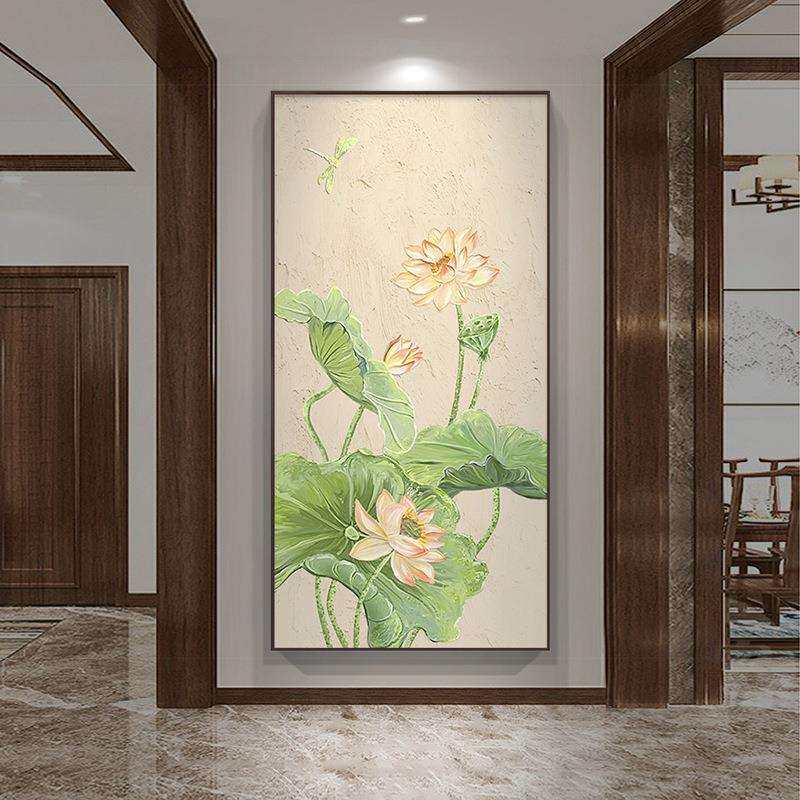 荷花玄关装饰画手绘油画壁画走廊尽头挂画新中式大芬村壁画立体感