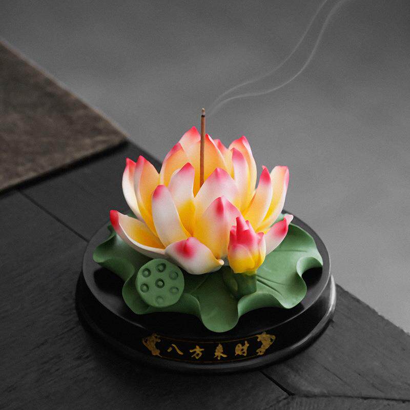 陶瓷莲花摆件佛前供花高级线香香插工艺装饰品家居荷花仿真花
