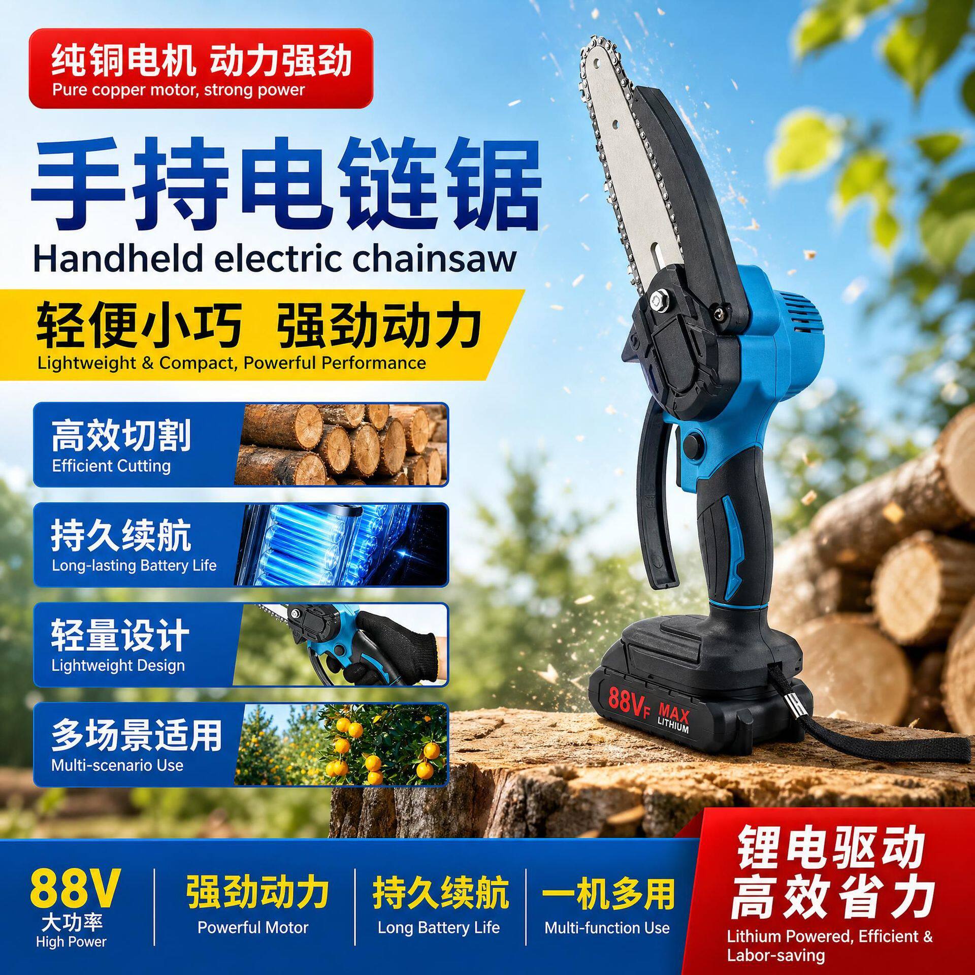 手持电锯小型修枝锯伐木锯单手锯园林锯迷你电链锯木工锯6寸电锯