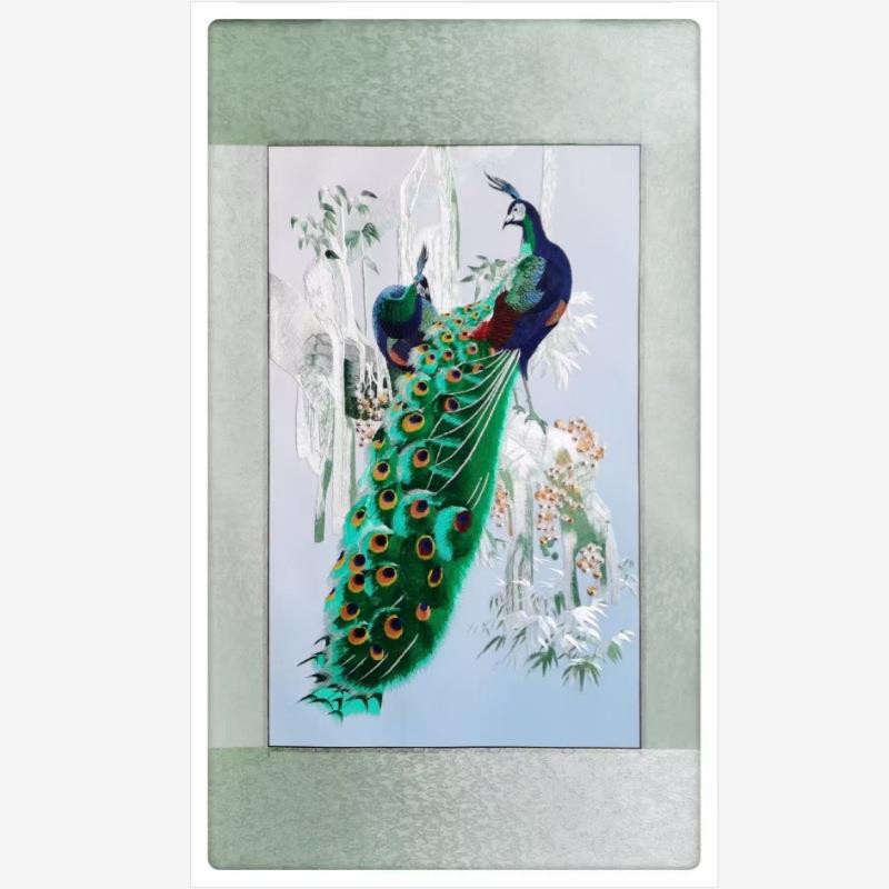 苏绣机绣装饰画成品孔雀图苏州刺绣玄关画事事如意客厅画竹报平安