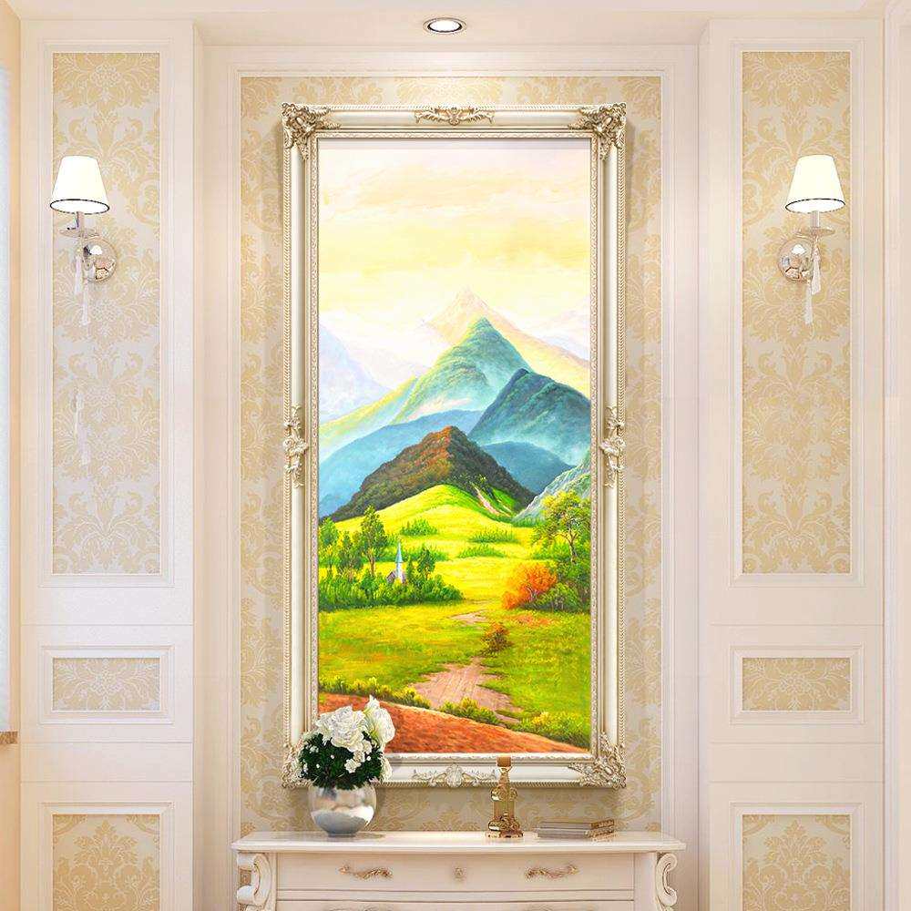 简欧入户玄关装饰画巨人山风景油画欧式餐厅走廊挂画卧室过道壁画
