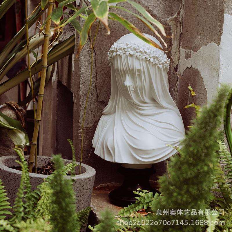 跨境哥特式艺术品摆件婚礼家居装饰面纱少女半身像雕像树脂工艺品