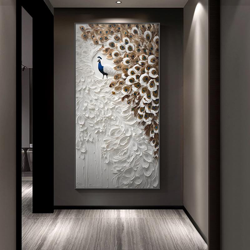 孔雀轻奢高级感玄关装饰画入户正对门壁画抽象肌理感走廊过道挂画