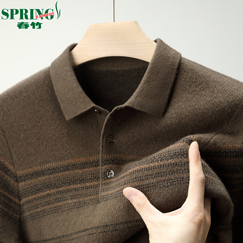 春竹正品100%纯羊毛衫冬季男新款长袖T恤翻领中年纯色针织polo衫
