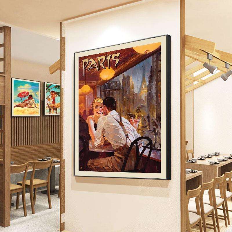 酒吧装饰画世界城市复古抽象人物手绘画餐吧酒馆挂画工业风壁画