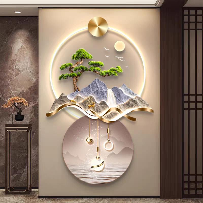 轻奢入户玄关装饰画亚克力LED灯光松树对门过道墙面挂画精雕壁画