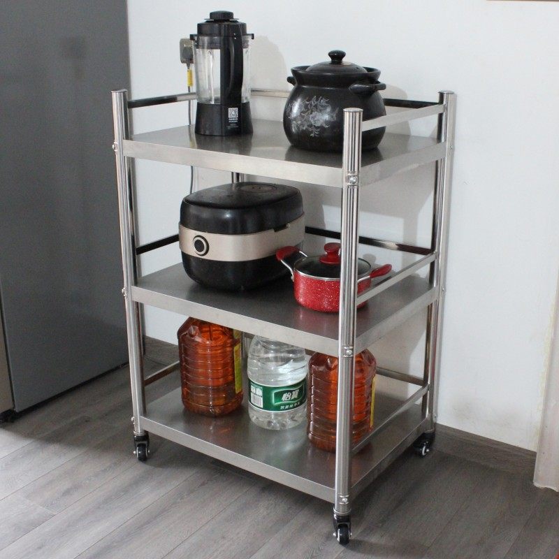 100高三层护栏带轮不锈钢厨房置物架G家收纳储物架微波炉架可移动