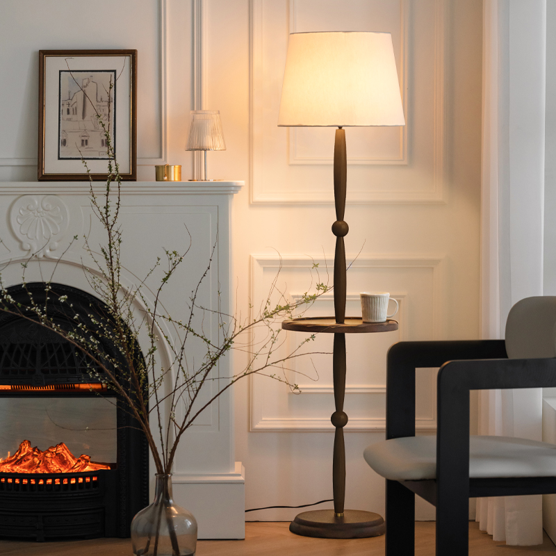 复古实木置物一体茶几落地灯客厅沙发卧室床头轻奢高Y级感落地台