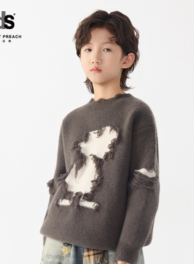 IDS童装毛衫小朋友卡通套头宽松破洞图案做旧街头风圆领针织毛衣