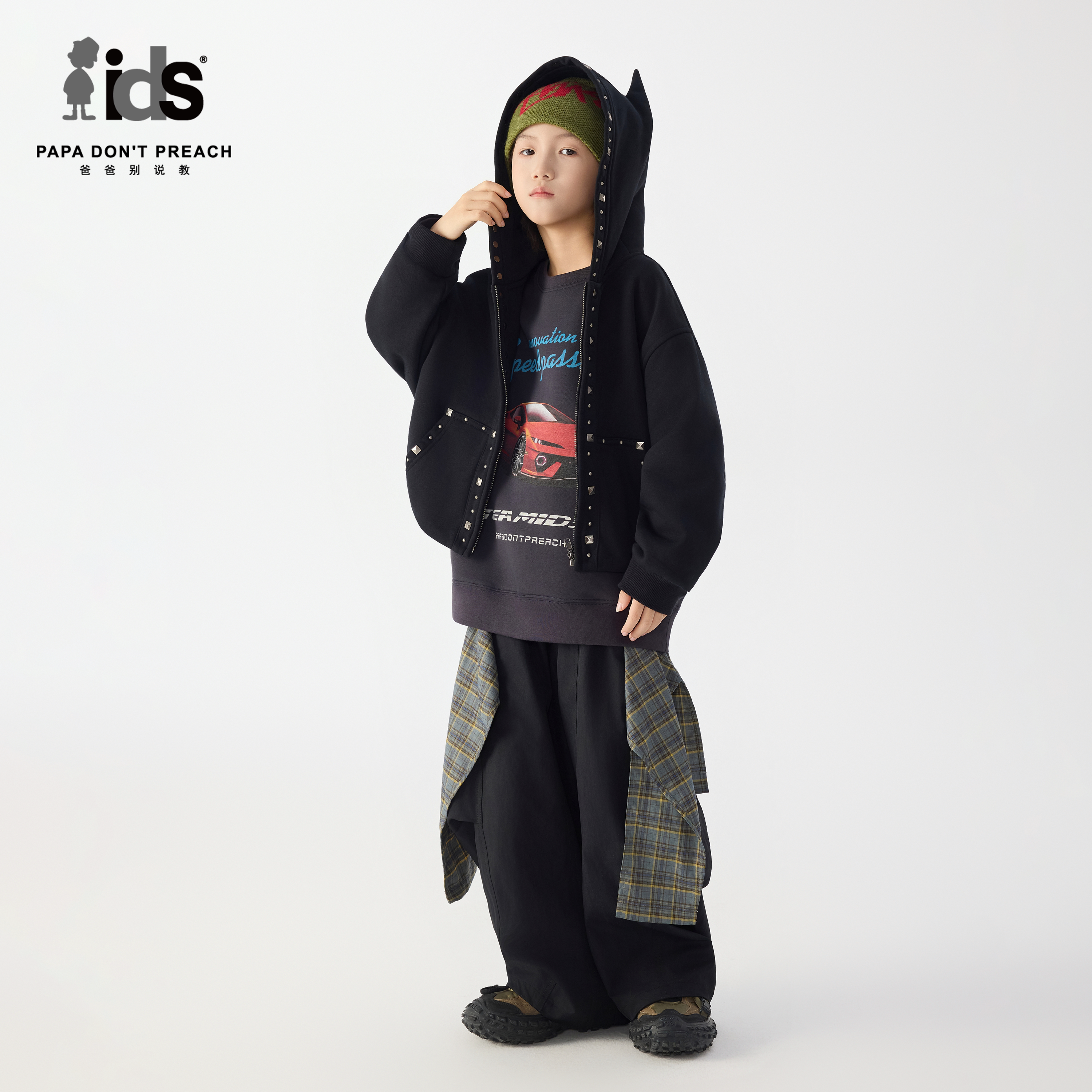 IDS童装连帽针织外套小朋友小怪兽帽休闲钉珠拉链短款连帽开衫