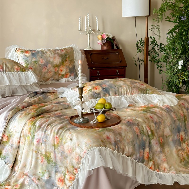 法式复古风6f0s兰精天丝花边小碎花夏凉被四件套丝滑凉感空调薄被