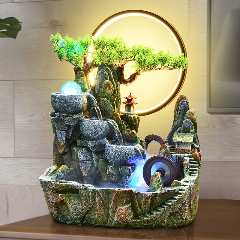 小型风车流水摆件循环水招财加湿器家用茶桌转运球假山盆景风水轮