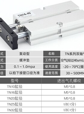 邦特尔小型双杆双轴气缸大推力TN25/TDA32*10-15X20X30X40X50X75X