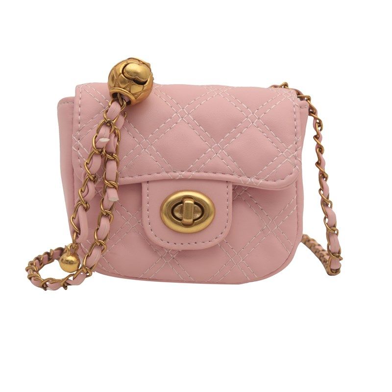 时尚菱格男女童单肩包2024新款纯色小孩斜挎包洋气迷你链条儿童包