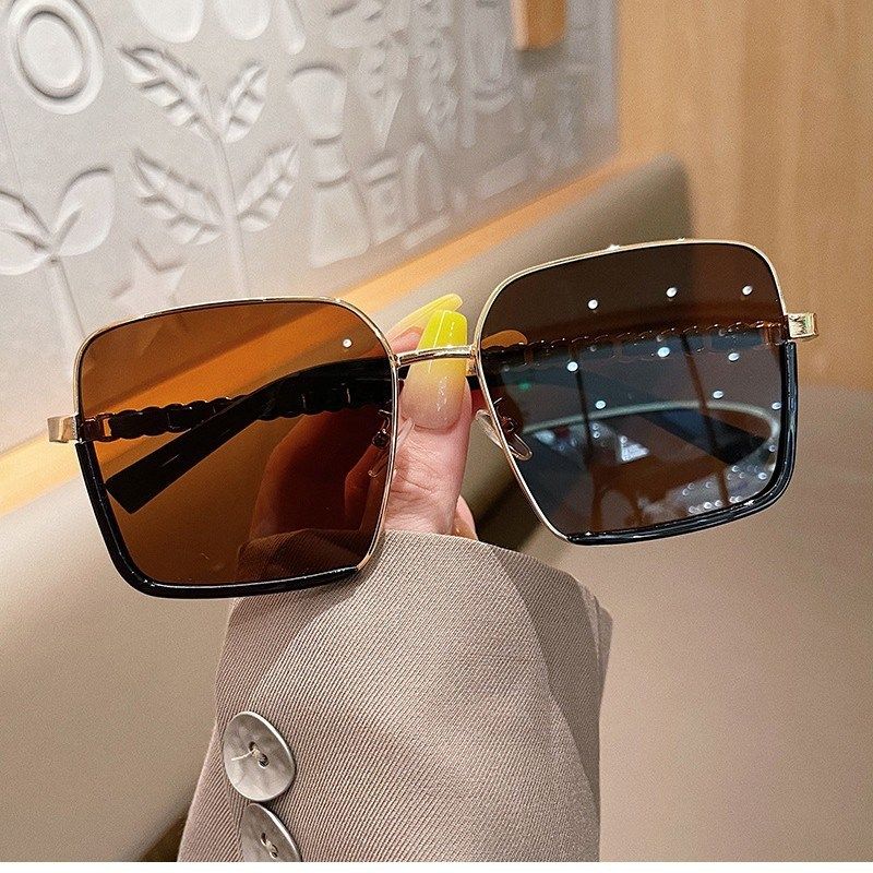 新款时尚半框太阳镜 皮质链条女款防紫外线墨镜小香方框素颜眼镜