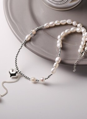 925纯银爱心珍珠圆珠项链小清新甜美仙女气质链条流苏锁骨链N1181