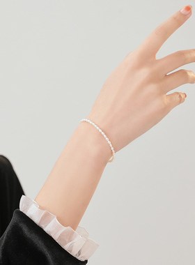 极细天然淡水小米粒小珍珠手链女超细小珠ins小众设计轻奢14k金