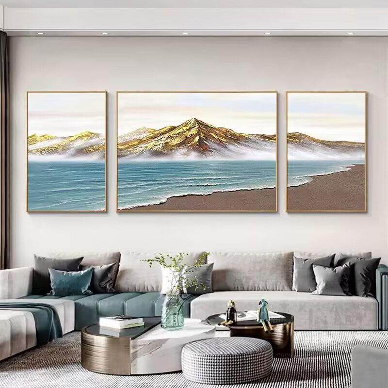 纯手绘油画背靠金山沙发床头装饰画三联山水高档立体肌理海景挂画