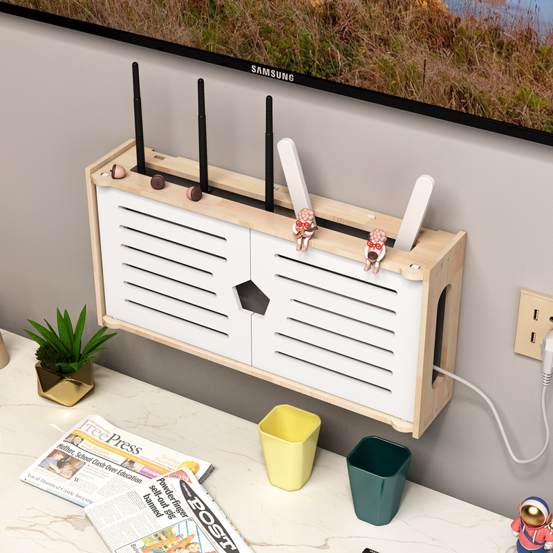 实木路由器收纳盒wifi猫电源插线板遮挡箱机顶盒壁挂置物架免打孔