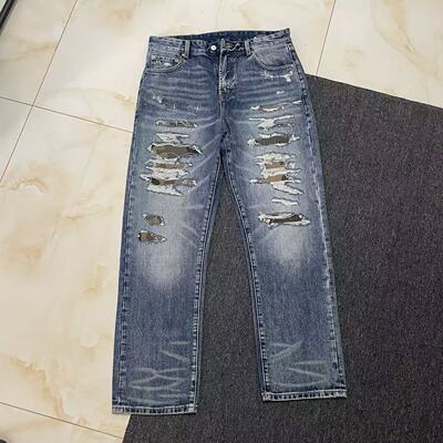 双R男装复古做旧阿美咔叽男装补丁破洞牛仔裤牛仔长裤denim jeans