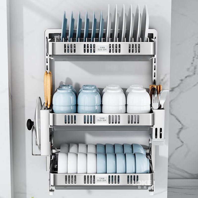 304不锈钢壁挂式碗碟沥水架厨房置物架免打孔碗筷碗盘碗架收纳架