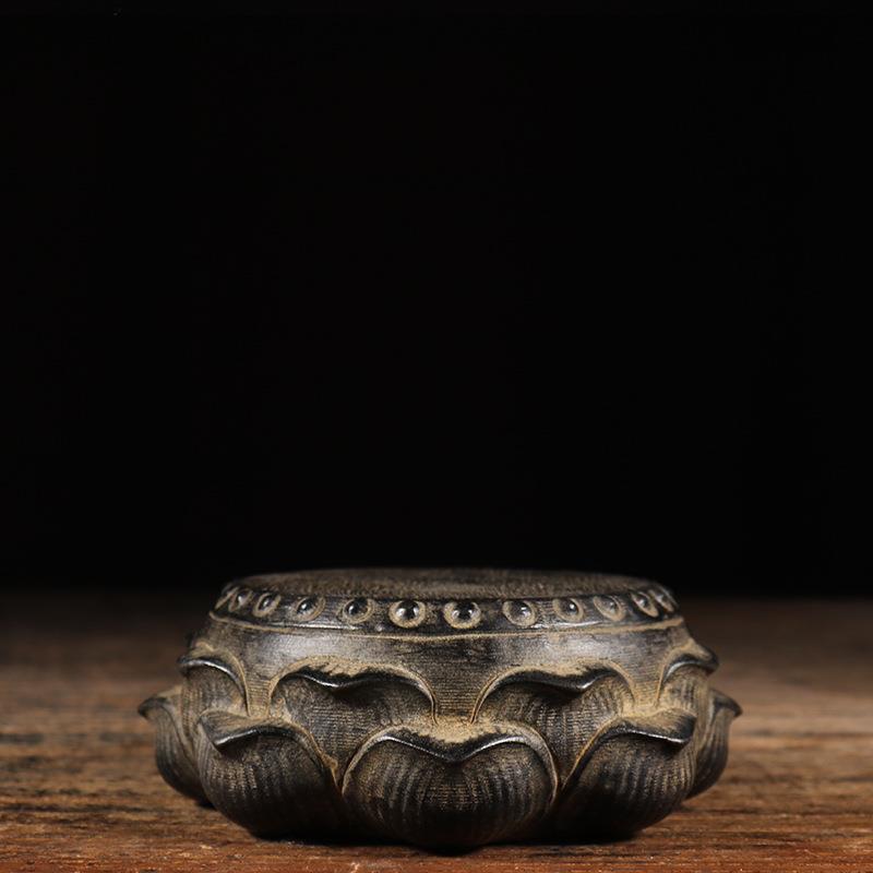 仿古石雕天然青石手工雕刻莲花石鼓底座壶承中式复古陈设茶席摆件