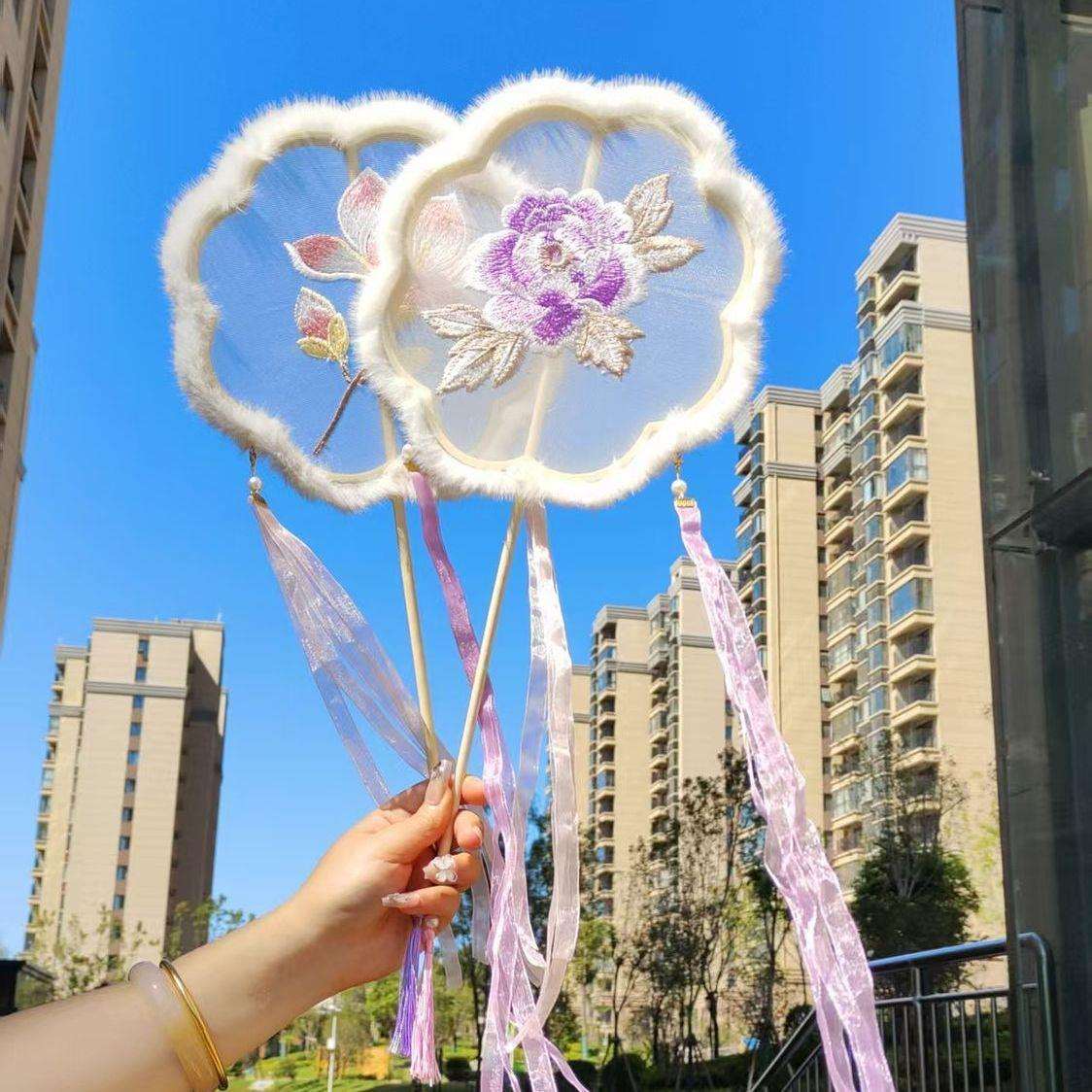 中国风冬季加毛古风扇子10把儿童舞蹈扇女童古装汉服拍照跳舞道具