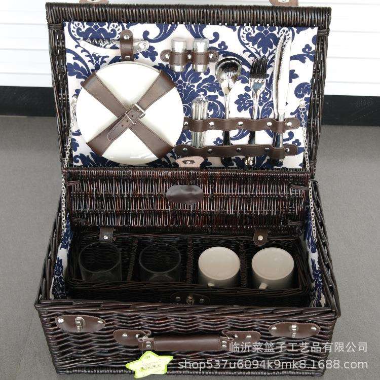新款幸运编织野餐篮子 草柳条藤编野餐篮 双人份手提篮带盖水果筐