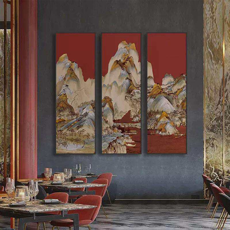 新中式装饰画千里江山酒店大堂别墅高档客厅壁画竖版多联玄关挂画