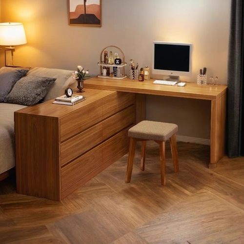 实木转角电脑桌梳妆台一体家用卧室床边桌轻奢书桌带储物柜工作台