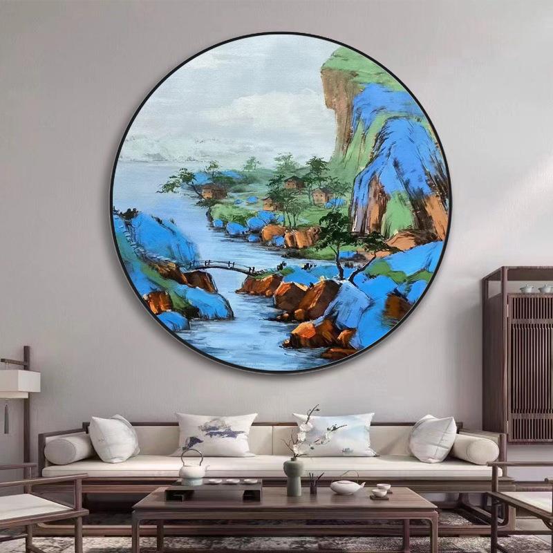纯手绘油画圆形风景青绿山水装饰画新中式画有框成品挂画