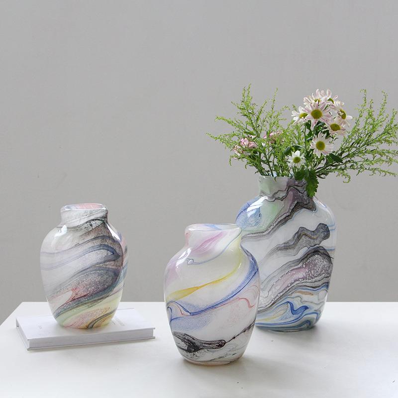 新中式琉璃粉色云雾纹理轻奢中古花瓶客厅插花仿真花软装桌面摆件