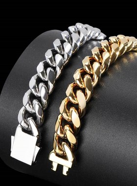 欧美跨境不锈钢饰品锆石弹簧扣古巴链钛钢手链嘻哈个性男士手饰