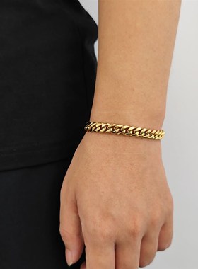 跨境欧美弹簧扣不锈钢手链潮牌嘻哈古巴链男士钛钢手链饰品