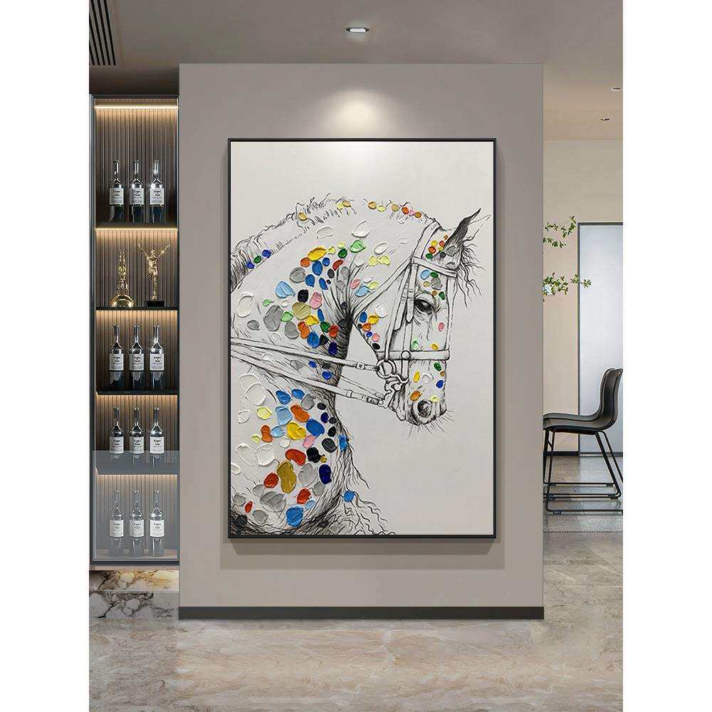 纯手绘油画动物马挂画新中式竖版书房玄关装饰画玄幻壁画大幅落地