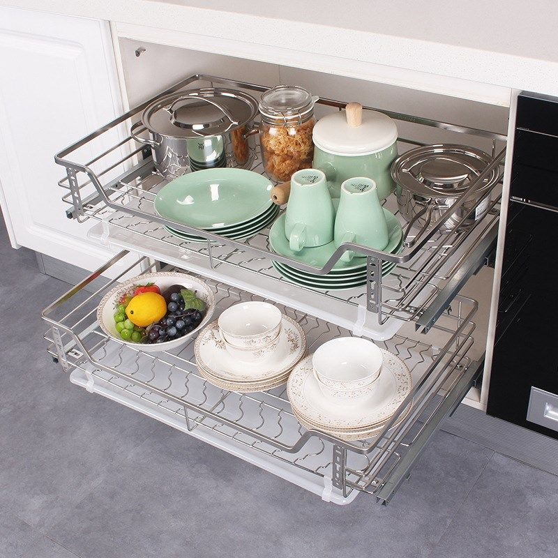 厂家拉篮厨房橱柜拉篮304不锈钢双层缓冲阻尼抽屉式碗碟篮架