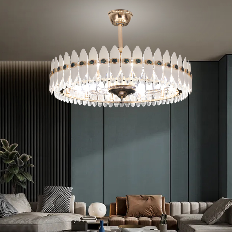 贝壳新款轻奢水晶风扇吊灯客厅餐厅智能语音控制遥控器变频铜电机