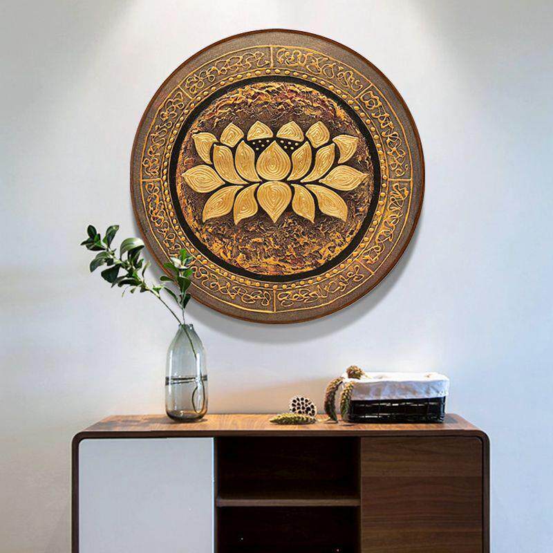 手绘油画荷花玄关装饰画餐厅挂画圆形东南亚泰式金箔立体壁画挂画