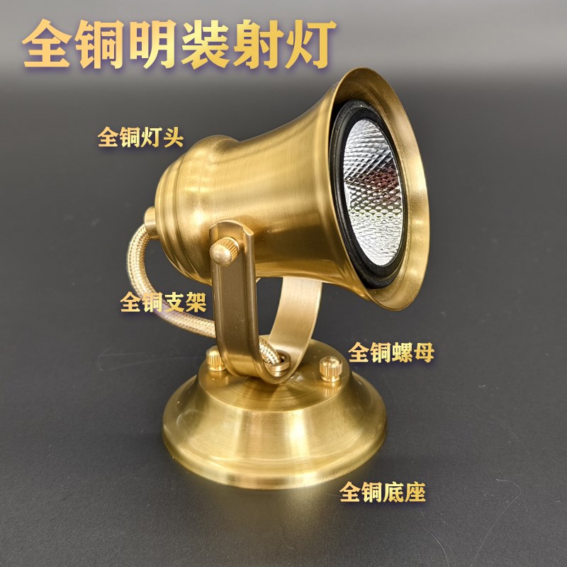 复古全铜纯铜美式中式欧式明装射灯可调角度家用吸顶单头背景墙灯
