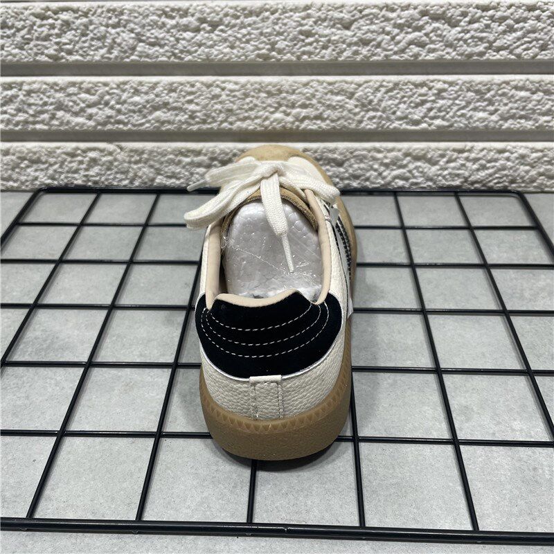 断码处理春款圆头系带真皮拼接德训鞋女时尚百搭复古休闲平底板鞋