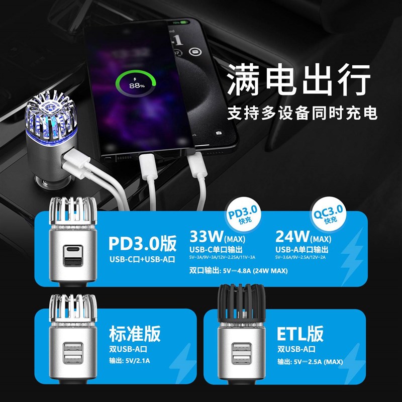 车载用品可做LOGO汽车充电器负离子除甲醛雾霾车载空气净化器