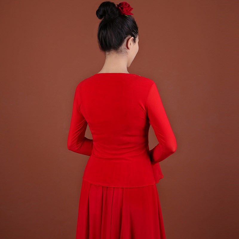 新疆舞蹈服新款网纱贴花喇叭袖上衣民族风女透气款服饰维族舞打底