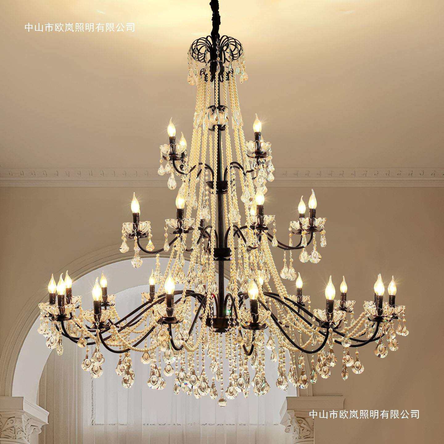 法式复古别墅挑空客厅吊灯餐厅水晶灯美式轻奢loft复式楼梯大吊灯