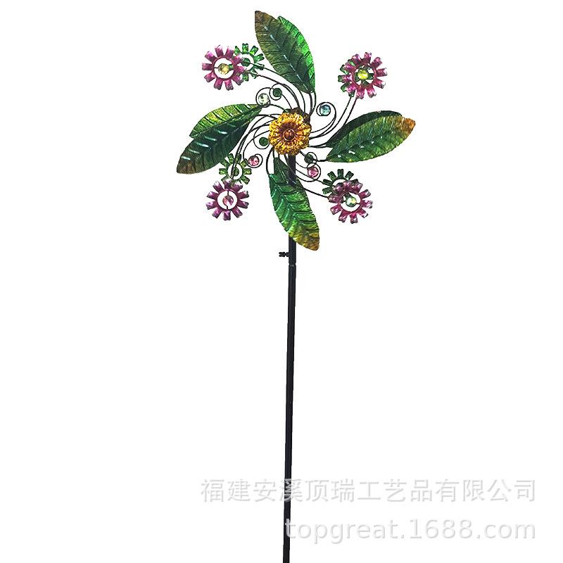 户外插地式铁艺风车风动式创意花园草坪风车七彩花朵装饰摆件