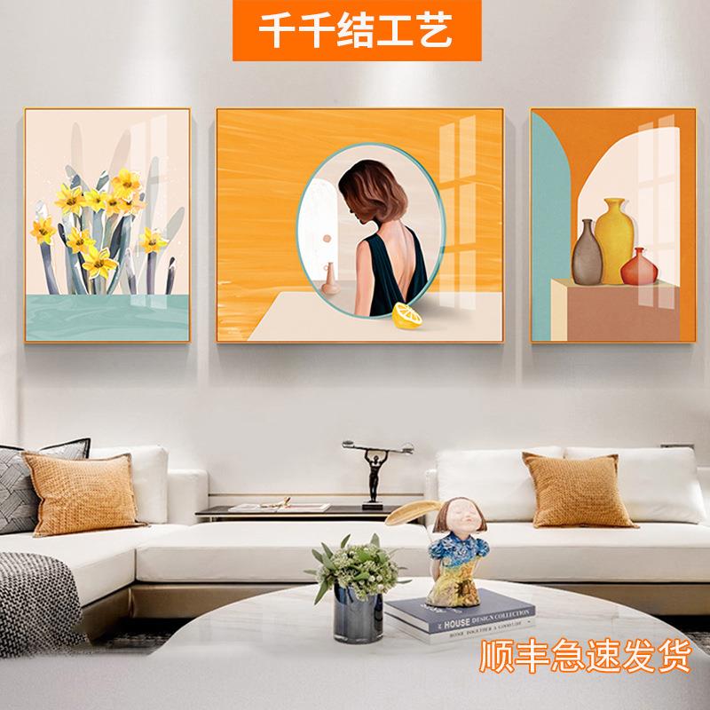 简约创意北欧轻奢抽象手绘水彩动物女孩气球床头装饰画客厅三联画