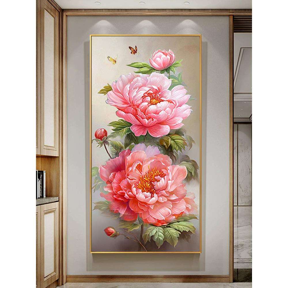 大芬村纯手绘油画牡丹花开富贵新中式入户玄关装饰画走廊过道壁画