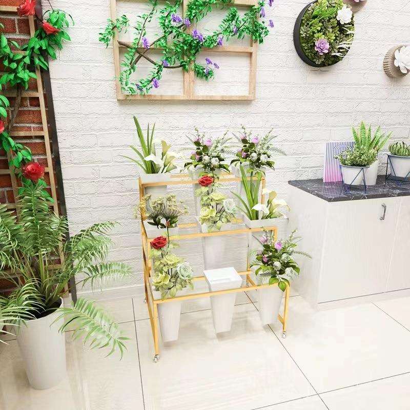 鲜花展示架货架鲜花桶架金色铁艺可移动花架带万向轮置物架摆摊鲜