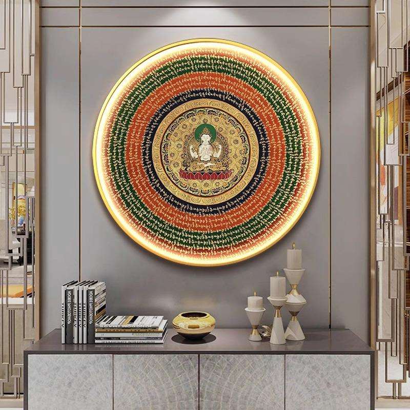 藏式坛城唐卡装饰画发光入户玄关圆形中式LED灯壁画中堂心经挂画